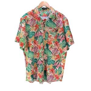 MCEDAR Colorful Hawaiian Button Up Shirt Size XL Hibiscus Tropical Resort Cruise